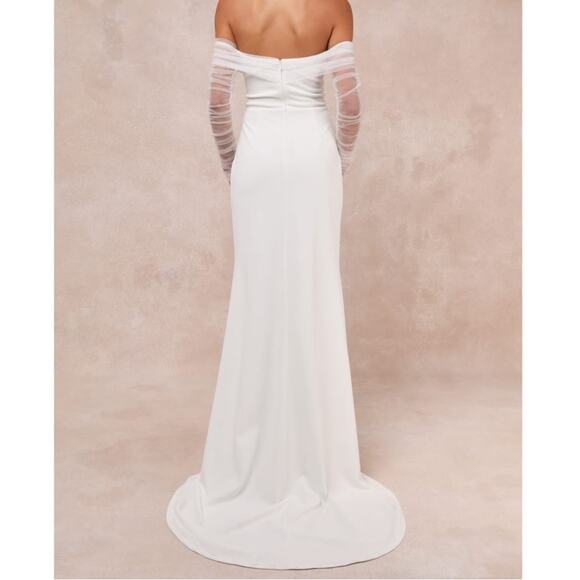 Lulus Bridal NWT Beautifully Beloved White Mesh Off-the-Shoulder Gown Maxi Dress - Picture 6 of 10